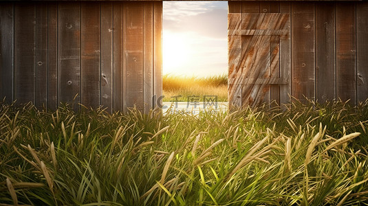前景茂密的草木小屋的 3D 插图