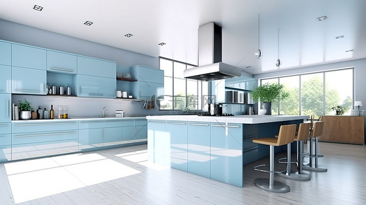 1 白色背景厨房的 3D 渲染，带有明亮灯光照明的蓝色岛屿