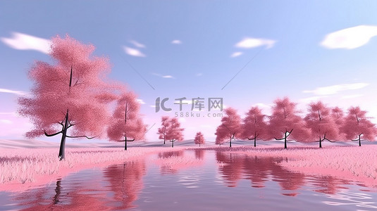 粉红色的树木和黄色的草反射在 3D 渲染景观中宁静的湖泊和天空上