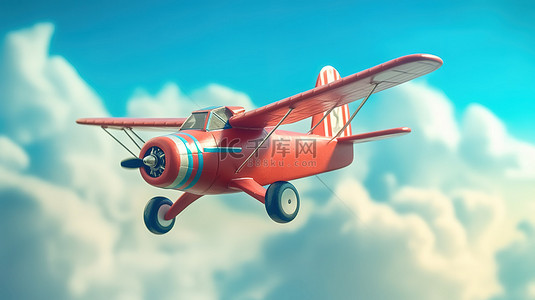 红色中背景图片_3D 渲染的古董红色卡通飞机在多云的蓝天中翱翔