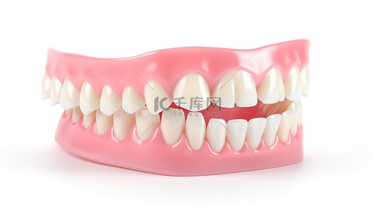 干净背景下具有美丽白牙的假牙的 3D 插图