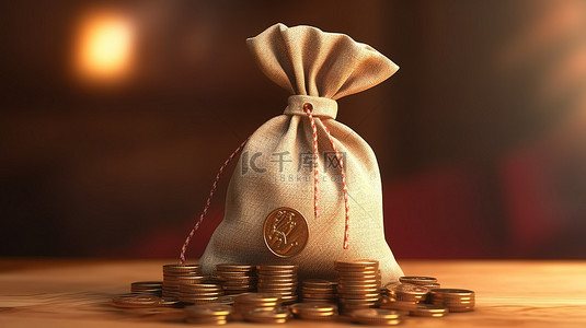 3D 渲染金融投资钱袋与硬币的插图，用于储蓄目的