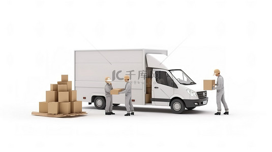 货车卡车送货工人在 3D 呈现的白色背景上卸载纸板包裹箱