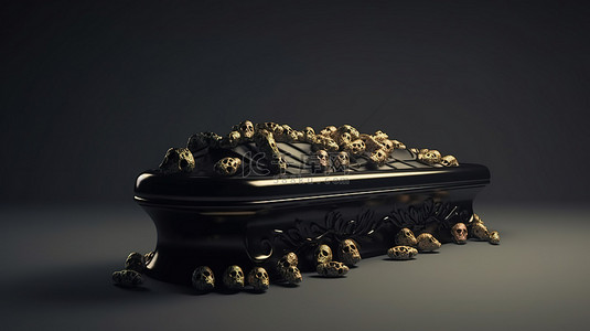 万圣节装饰 3D 渲染华丽的墓碑和黑色的开放式棺材