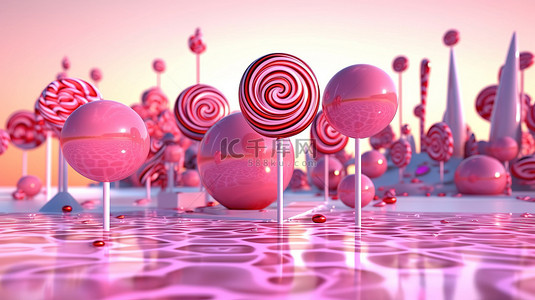 粉紅色水彩背景图片_粉色棒棒糖仙境的异想天开的 3D 渲染
