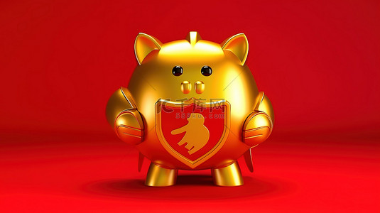 黄色背景的 3D 渲染，带有红色金属盾吉祥物，带有存钱罐和金币以提供保护