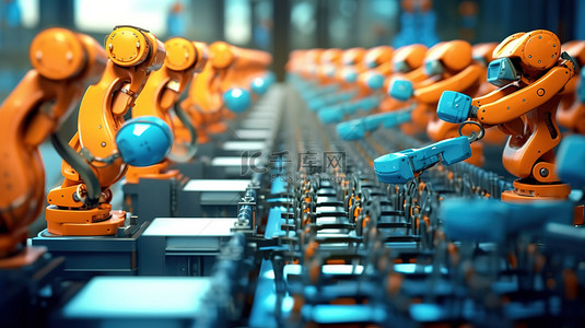 工业hmi背景图片_彻底改变制造业 3D 渲染机器人装配线在行动