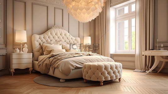 别致的中性色调卧室配有优雅的纽扣床华丽的灯具和软垫奥斯曼 3D 渲染