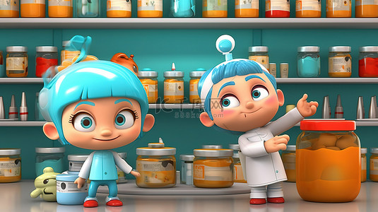 可爱的卡通医生和护士在 3D 渲染中展示化妆品和个人护理罐