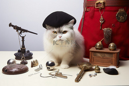 钩子上方桌子上有一只看起来像海盗的白猫