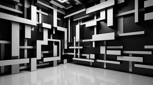黑白几何背景图片_当代砖石背景与现代黑白几何墙设计 3D 渲染