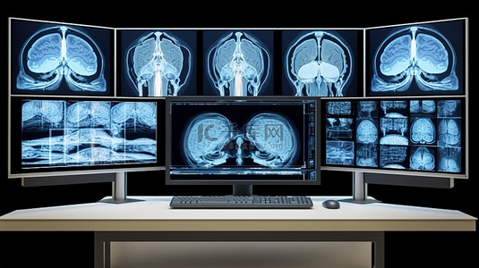 核磁共振设备扁平背景图片_在 mri 实验室 3d 渲染中显示 x 射线大脑的计算机显示器