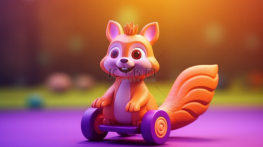 橙色玩具松鼠的 3D 渲染，放置在带有充满活力的紫色背景的儿童游乐场中