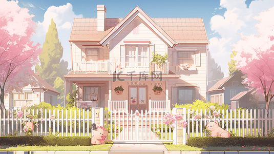 背景楼房背景图片_花园栅栏粉色房屋卡通房子背景