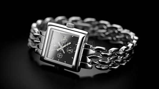 复古表盘背景图片_优雅的复古银色模拟男士手表，放置在 3D 渲染的黑色立方体上