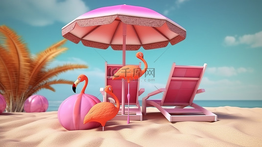 充气粉色火烈鸟沙滩椅，配有配套的伞凉鞋和菠萝 3D 渲染
