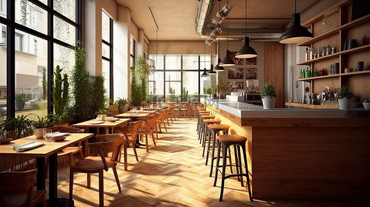 充值背景图片_咖啡厅餐厅的 3D 渲染内部