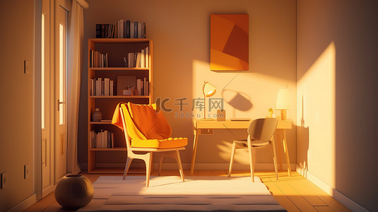 简约卡通风格等距视图的夜间阳光照射室内与家具和书架在 3d 渲染