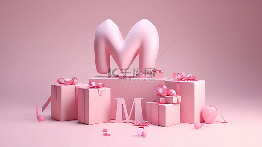 母亲节庆祝活动 3D 渲染妈妈文字礼品盒和柔和的粉红色背景上的心形