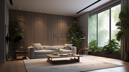 室内场景和框架模型 3d 渲染，隐藏温暖的灯光和室内花园