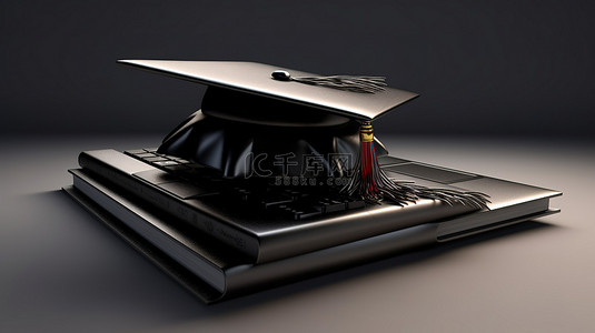 电脑远程背景图片_e 学习概念毕业帽坐在 3d 笔记本电脑上