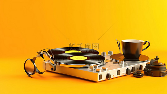 3D 渲染 DJ 转盘，配有耳机和咖啡杯，背景为鲜艳的黄色