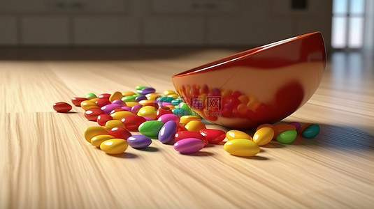 红木板背景图片_充满活力的彩虹果冻豆层叠在瓷碗和木板上，呈现令人惊叹的 3D 效果