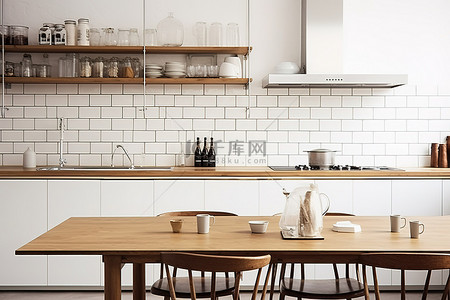 北欧厨房背景图片_有木桌和木架子的白色厨房