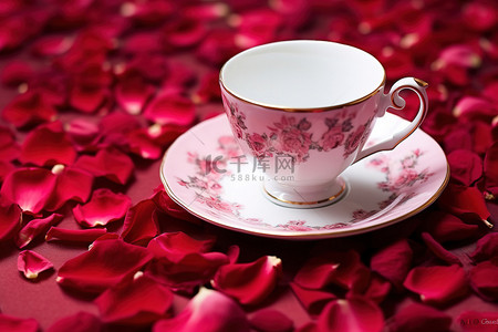 玫瑰背景图片_红色花瓣表面的茶杯和碟子