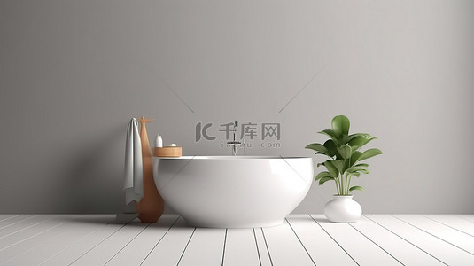 带白色陶瓷浴缸的空圆桌，逼真的 3D 渲染，用于展示美容产品