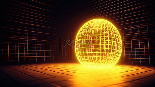 网格元素背景图片_霓虹灯室 3D 渲染带有网格设计的黄色鸡蛋