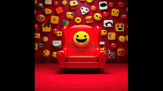 社交媒体概念中红色椅子周围的 3D 渲染智能手机表情符号