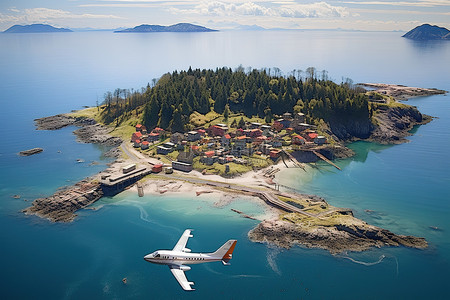 一架飞机飞越清澈的水面上的城镇和岛屿