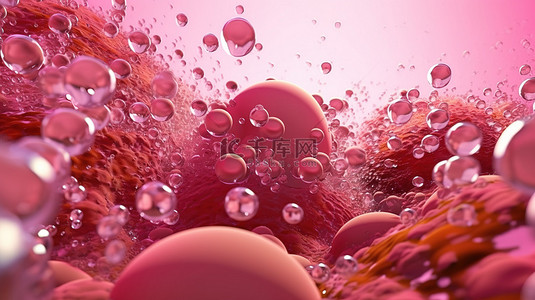 粉红色背景中水下气泡的 3D 渲染