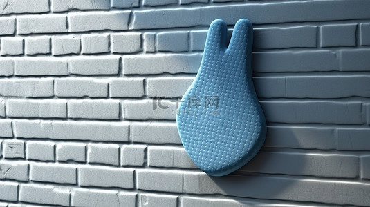 砖墙的 3D 渲染，窗影饰有蓝色烤箱手套