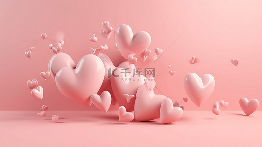 可爱的爱情横幅或贺卡，心形 3d 渲染漂浮在粉红色柔和的背景上