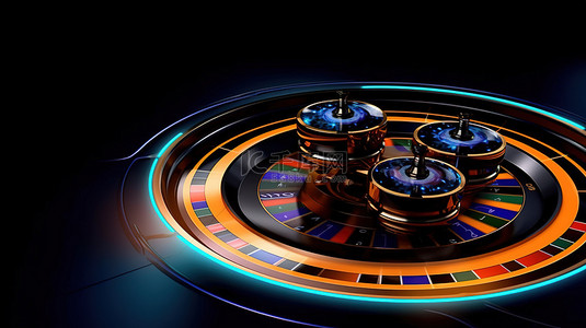 3D 轮盘赌轮，带有充满活力的橙色和蓝色灯光，伴随着黑色背景下飞行的金币