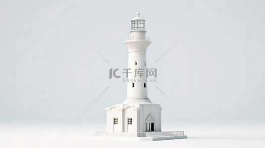 海洋灯塔背景图片_迷人的粘土风格白色灯塔，位于宁静的白色画布上，以 3D 渲染