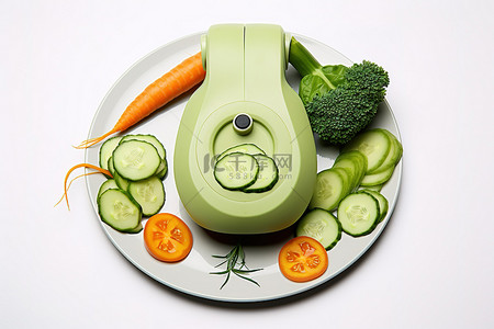 电话鳄梨胡萝卜和蔬菜放在盘子里