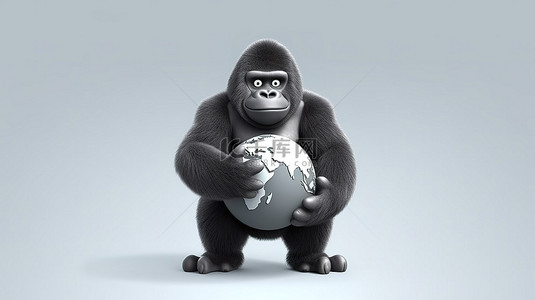 滑稽的 3d 猿拿着微型地球和标志