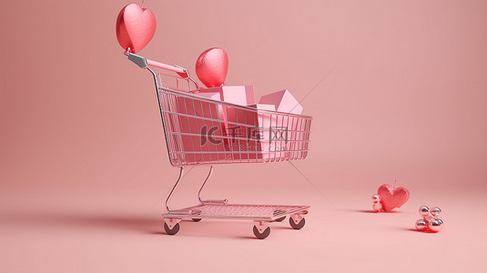 情人节销售粉色购物车的简约概念，配有礼品盒和漂浮在柔和背景 3D 渲染上的心形