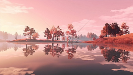 壮丽的 3D 渲染日出景观，令人惊叹的湖黄色树木和粉红色草