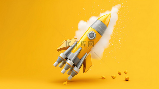 商业背景图片_玩具火箭在充满活力的黄色背景上冒烟的 3D 插图是胜利学习和智力的象征