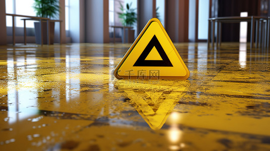亮黄色新警告标志的 3D 渲染，警告湿地板和加密货币危险