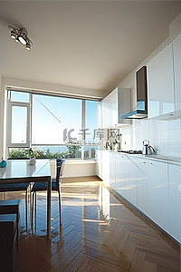 厨房配有白色地板白色电器不锈钢固定装置和深色家具