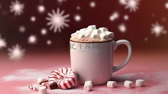 日料日料背景图片_圣诞可可与拐杖糖和棉花糖 3D 插图，带有文本空间