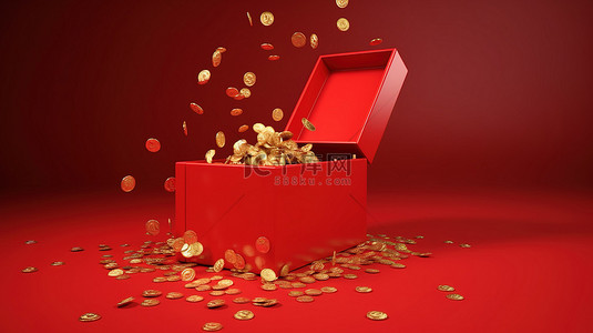 新年豪礼背景图片_硬币从打开的红色礼品盒中倾泻而出，红色背景上带有金丝带蝴蝶结的 3d 渲染