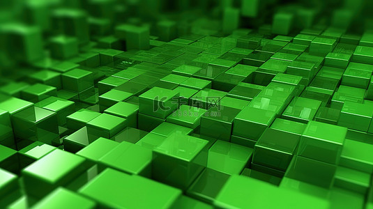 矩形指示背景图片_背景中运行的绿色方形马赛克的 3D 透视富有远见的科技插图