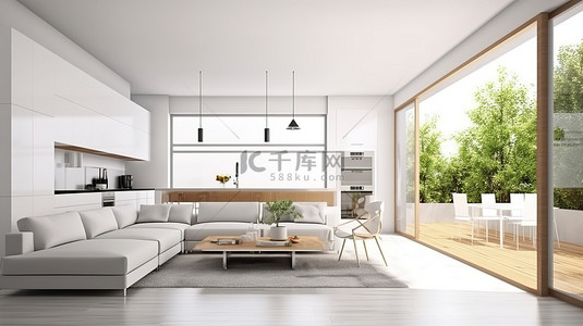 时尚现代的起居空间，白色 3D 渲染，通向厨房和宁静的户外露台