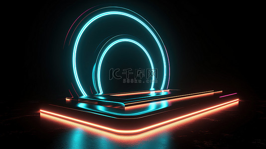 抽象霓虹灯门户 3d 渲染，在具有地板反射的时尚舞台上以环圈和虚拟现实元素为特色